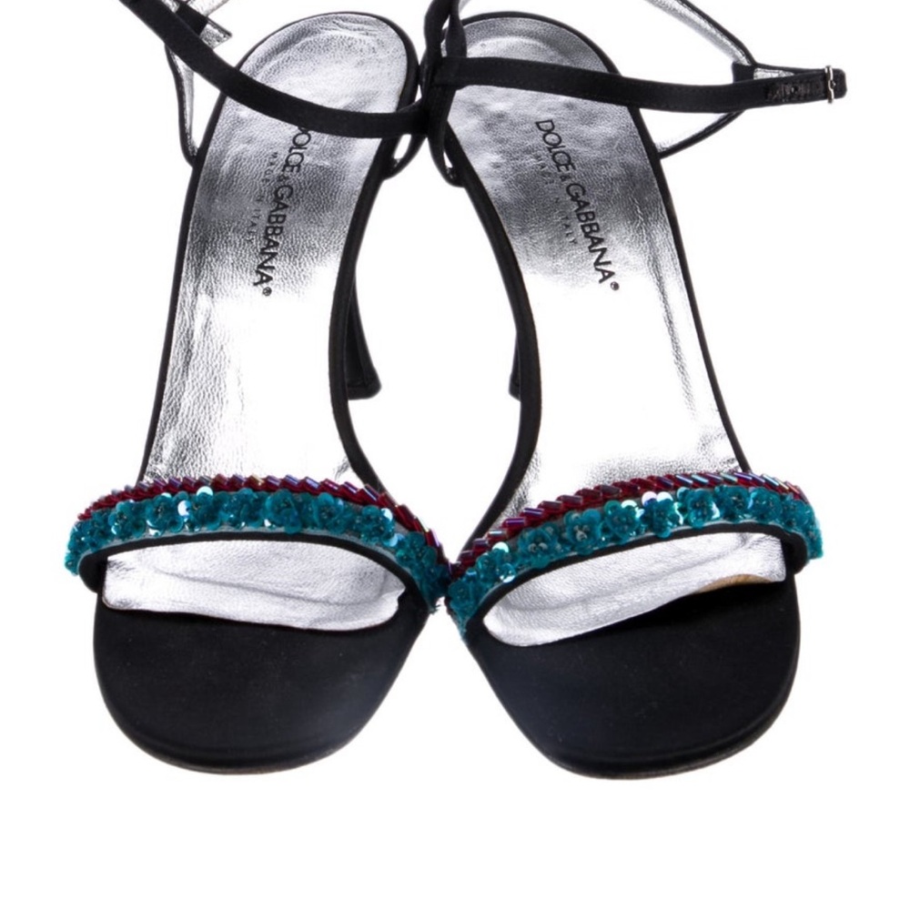 Dolce & Gabbana Black Heeled Sandals with Teal and Red Bead Trim - Picture 3 of 4